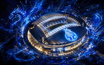 estádio do dragão, 4k, vista de cima, estádio do fc porto, fundo abstrato azul, logotipo do fc porto, fcporto, estádio de futebol, porto, portugal, arte neon