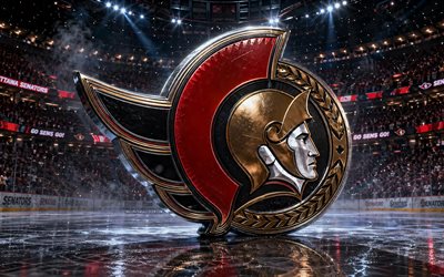 4k, Ottawa Senators metal logo, spotlights, ice arena, NHL, creative, hockey, Ottawa Senators logo, hockey stadium, Ottawa Senators 3D logo, american hockey team, Ottawa Senators