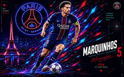 4k, Marquinhos, PSG, vector art, blue abstract vector background, Marquinhos PSG, creative art, PSG logo, Marquinhos Paris Saint-Germain, football, Paris Saint-Germain, Marcos Aoas Correa