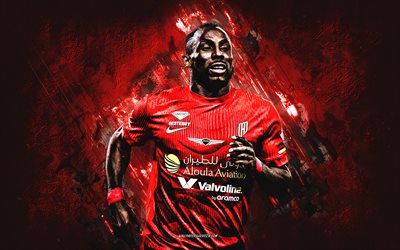 Julian Quinones, Al-Qadsiah FC, Colombian footballer, red stone background, grunge art, Al Qadsiah FC, Saudi Arabia, Al-Qadsiah, football, Julian Quinones Al-Qadsiah FC