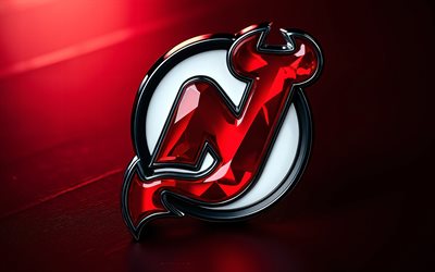 New Jersey Devils glass logo, 4k, red metal background, NHL, New Jersey Devils logo, New Jersey Devils emblem, USA, New Jersey Devils, hockey