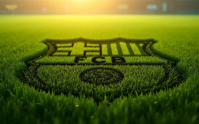 FC Barcelona logo on the grass, 4k, FC Barcelona emblem, green grass, FC Barcelona sign, FC Barcelona logo, La Liga, Barcelona logo, Spain, football, Barcelona