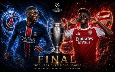 finale de l'uefa champions league 2026, psg contre arsenal fc, ousmane dembélé, bukayo saka, psg, arsenal fc, ligue des champions, final, paris saint germain contre arsenal, paris saint germain, arène puskás, budapest, match de football, football
