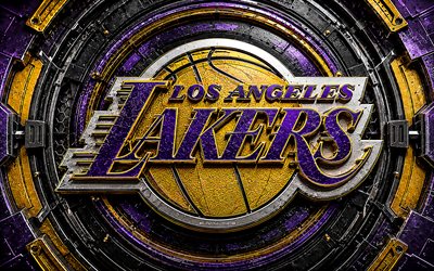 Los Angeles Lakers metal logo, 4k, violet yellow metal background, NBA, basketball, Los Angeles Lakers logo, Los Angeles Lakers 3D logo, american basketball team, Los Angeles Lakers, LA Lakers