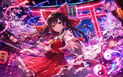 reimu hakurei, 4k, primavera, puertas torii, touhou, protagonista, luces de neón moradas, hakurei reimu, manga japonés, personajes de anime, proyecto touhou, personajes touhou, reimu hakurei touhou