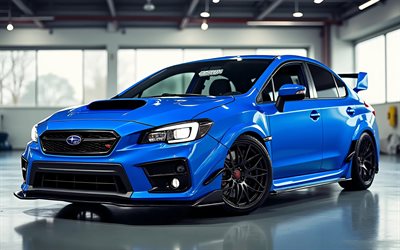 Subaru Impreza WRX STI, 4k, garage, 2015 cars, tuning, Blue Subaru Impreza WRX STI, 2015 Subaru Impreza WRX STI, japanese cars, Subaru