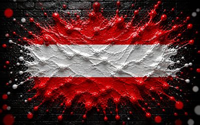4k, österreich flagge, kreativ, österreich malt flagge, schwarze ziegelwand, kunst malen, österreichische flagge, farbspritzer, flagge von österreich, kunstwerk, österreichische nationalsymbole, österreich 3d flagge, österreich