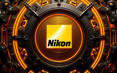 logotipo 3d de nikon, 4k, fondo oscuro de alta tecnología, resplandor amarillo, conductores, marcas de electrónica, creativo, logotipo de nikon en microcircuito, marcas, logotipo brillante de nikon, obra de arte, logotipo de nikon, nikon