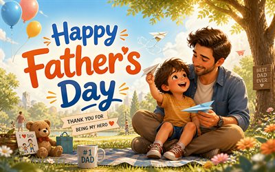 Happy Fathers Day, 4k, cartoon art, father and son, greeting card, Happy Fathers Day concepts, white background, calligraphic letters, Happy Fathers Day inscription