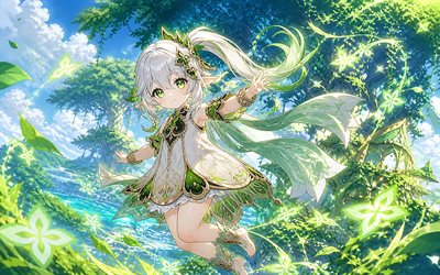 4k, nahida voladora, bosque fantástico, impacto de genshin, ojos verdes, nahida, fondo abstracto verde, protagonista, manga, personajes de impacto de genshin, obra de arte, impacto de nahida genshin