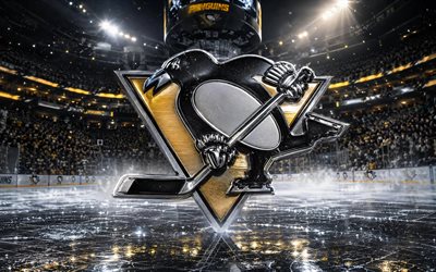 4k, 피츠버그 펭귄스 메탈 로고, 스포트라이트, 아이스 아레나, nhl, 창의적인, 하키, 피츠버그 펭귄스 로고, 하키 경기장, 피츠버그 펭귄스 3d 로고, 미국 하키팀, 피츠버그 펭귄스