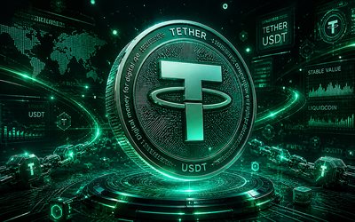 Tether 3D logo, 4k, turquoise futuristic background, cryptocurrencies, Tether metal logo, USDT, brands, Tether cryptocurrency, USDT logo, blockchain, Tether logo, Tether