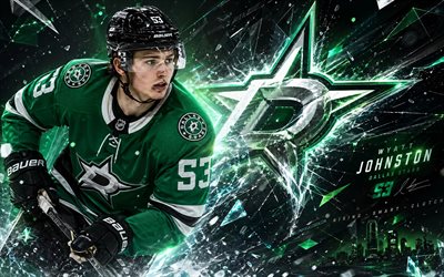 Wyatt Johnston, 4k, green digital background, Dallas Stars, NHL, hockey, Wyatt Johnston 4K, Dallas Stars logo, fan art, Wyatt Johnston Dallas Stars