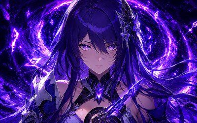 aqueronte, 4k, noche, anillos de neón violetas, carril estelar honkai, cuchillo morado, personajes de anime, manga, personajes de honkai star rail, ojos violetas, riel estelar acheron honkai