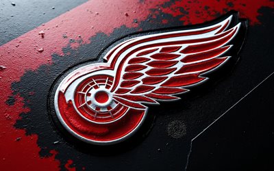 Detroit Red Wings metal logo, 4k, red black grunge background, NHL, Detroit Red Wings logo, grunge art, Detroit Red Wings emblem, USA, Detroit Red Wings, hockey