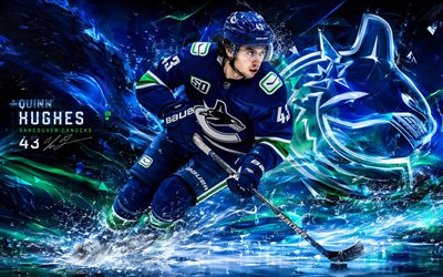 Quinn Hughes, 4k, blue digital background, Vancouver Canucks, NHL, hockey, Quinn Hughes 4K, Vancouver Canucks logo, fan art, Quinn Hughes Vancouver Canucks