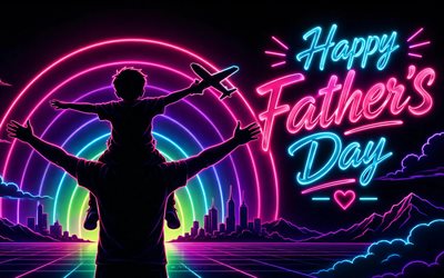 4k, Happy Fathers Day, neon art, father and son, greeting card, Happy Fathers Day concepts, white background, creative, calligraphic letters, Happy Fathers Day inscription