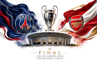 psg contre arsenal fc, finale de l'uefa champions league 2026, fond blanc, psg, arsenal fc, ligue des champions, final, paris saint germain contre arsenal, paris saint germain, arène puskás, budapest, match de football, football