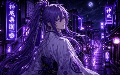 4k, kamui gakupo, resplandor violeta, noche, calle, vocaloide, kimono, ojos violetas, personajes vocaloides, manga, kamui gakupo vocaloid