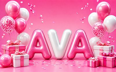 4k, ava feliz aniversário, fundo rosa, nome ava, caixas de presente rosa, aniversário da ava, balões 3d, nomes femininos americanos populares, balões brancos rosa, feliz aniversário ava, foto com o nome ava, ava