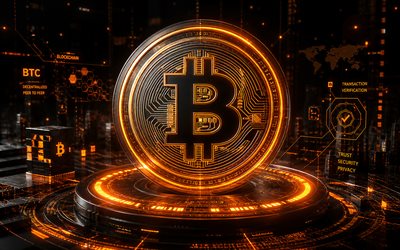 شعار بيتكوين ثلاثي الأبعاد, 4k, خلفية مستقبلية برتقالية, العملات المشفرة, شعار بيتكوين المعدني, العلامات التجارية, عملة البيتكوين المشفرة, blockchain, شعار بيتكوين, بيتكوين