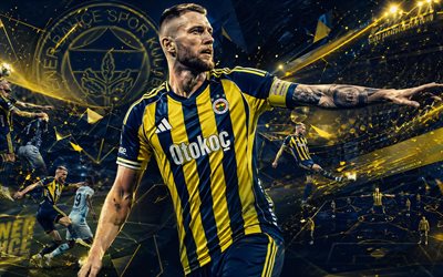 Milan Skriniar, Fenerbahce SK, fan art, yellow blue abstract digital background, Milan Skriniar Fenerbahce SK, creative art, Fenerbahce SK logo, Milan Skriniar Fenerbahce, football, Fenerbahce