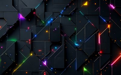 Black 3D abstraction with colored neon lighting, 4K, black geometric abstraction background, 3D black abstraction background, neon lighting, creative black background