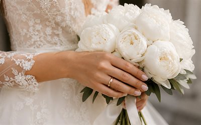 novia con un ramo de peonías blancas, ramo de boda, peonías blancas, ramo de novia, conceptos de boda, peonías, boda, novia, ramo de peonías