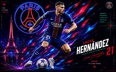 4k, Lucas Hernandez, PSG, vector art, blue abstract vector background, Lucas Hernandez PSG, creative art, PSG logo, Lucas Hernandez Real Madrid, football, Paris Saint-Germain