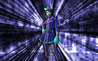 4k, minttu snowbell, violetti säteet tausta, mint snowbell skin, mint snowbell fortnite, abstrakti taide, fortnite mint snowbell skin, fortnite hahmot, fortnite, luovaa taidetta