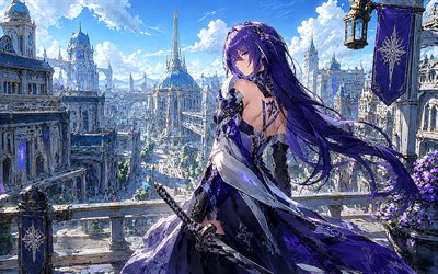 aqueronte, 4k, paisaje urbano, carril estelar honkai, espada, castillos, personajes de anime, manga, personajes de honkai star rail, ojos violetas, riel estelar acheron honkai