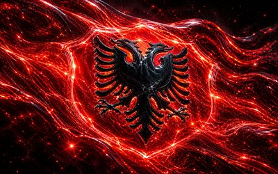 arnavutluk'un parlayan bayrağı, 4k, karanlık, arnavutluk bayrağı, arnavutluk günü, 3 boyutlu sanat, arnavut bayrağı, arnavutluk neon bayrağı, arnavutluk bayrağı neon dalgaları, arnavutluk 3d bayrağı, arnavutluk soyut bayrağı, arnavutluk