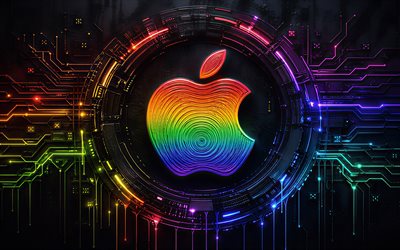 logotipo creativo de apple, 4k, fondo oscuro de alta tecnología, luces de neón de colores, conductores, marcas de electrónica, logotipo de apple en 3d, marcas, logotipo abstracto de manzana, obra de arte, logotipo de manzana, manzana