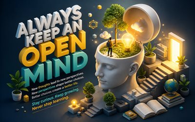 Always keep an open mind, 4k, 3d isometric art, motivation, inspiration, Always keep an open mind concepts, motivational quotes