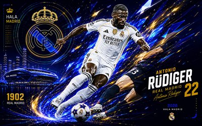 Antonio Rudiger, Real Madrid CF, fan art, white abstract digital background, Antonio Rudiger Real Madrid CF, creative art, Real Madrid CF logo, Antonio Rudiger Real Madrid, football, Real Madrid