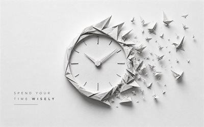 vietä aikaasi viisaasti, 4k, valkoinen paperi tausta, aikalainaukset, origami taidetta, kello, vietä aikaasi viisaasti käsitteitä, motivaatio