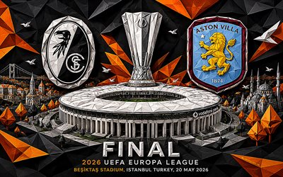 4k, 2026 UEFA Europa League final, origami art, SC Freiburg vs Aston Villa FC, final, Europa League, 3D art, SC Freiburg logo, Aston Villa FC logo, Besiktas Stadium, Istanbul, 20 May 2026, promo, white background
