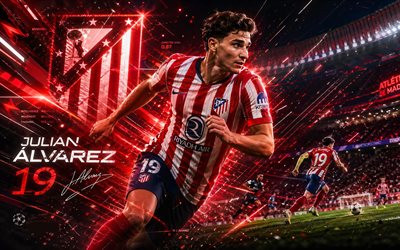 Julian Alvarez, Atletico Madrid, fan art, red abstract digital background, Julian Alvarez Atletico Madrid, creative art, Atletico Madrid logo, Julian Alvarez Atletico, football, Rojiblancos, Atletico