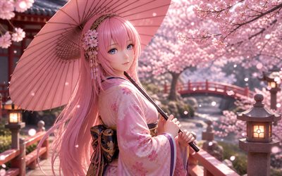4k, megurin luka, bahar, 3 boyutlu sanat, kimono, kiraz çiçeği, cv03, vokaloid, şemsiye, pembe yıldız, pembe saç, vokaloid 03, soyut sanat, karakter vokal serisi, luka megurin, vokaloid karakterler, megurin luka vokaloid