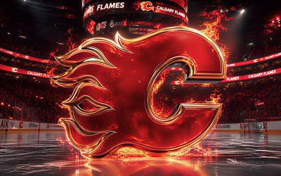 4k, Calgary Flames metal logo, spotlights, ice arena, NHL, creative, hockey, Calgary Flames logo, hockey stadium, Calgary Flames 3D logo, american hockey team, Calgary Flames