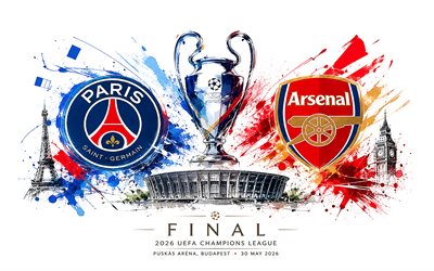 2026 UEFA Champions League final, grunge art, PSG vs Arsenal FC, white background, PSG, Arsenal FC, Champions League, final, Paris Saint-Germain vs Arsenal, Paris Saint-Germain, Puskas Arena, Budapest, football match, football