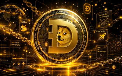 Dogecoin 3D logo, 4k, golden futuristic background, cryptocurrencies, Dogecoin metal logo, brands, Dogecoin cryptocurrency, blockchain, Dogecoin logo, Dogecoin