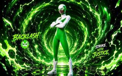 Backlash Fortnite, 4k, green 3D vortex background, Fortnite, fan art, Backlash Skin, Fortnite Backlash Skin, creative, Backlash, Fortnite characters