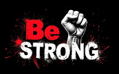 Be strong, 4K, black background, grunge art, Be strong art, hand with clenched red fist, Be strong concepts, Be strong T-shirt art, Be strong graffiti