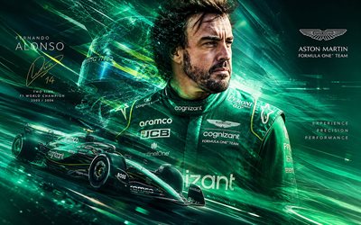 4k, Fernando Alonso, turquoise digital background, Aston Martin F1 Team, Formula 1, Spanish racing drivers, Fernando Alonso 4K, fan art, Formula One, F1, Fernando Alonso Aston Martin