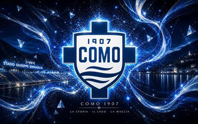 como 1907, 4k, società calcistica italiana, logo como 1907, como, arte del calcio, sfondo astratto nero blu, stemma como 1907, serie a, calcio, italia, logo dell'fc como 1907, marchio comasco