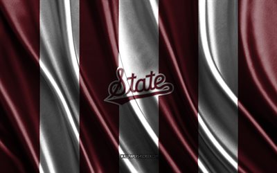 4k, mississippi eyalet bulldogları logosu, ncaa, bordo beyaz ipek doku, mississippi eyalet bulldogları bayrağı, amerikan futbol kulübü, ipek bayrak, mississippi eyalet bulldogları amblemi, amerika, mississippi eyaleti buldogları