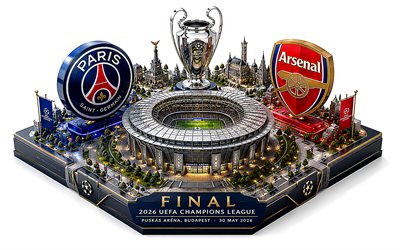 finale de l'uefa champions league 2026, psg contre arsenal fc, art isométrique, matériel promotionnel, psg, arsenal fc, art 3d, ligue des champions, final, paris saint germain contre arsenal, paris saint germain, arène puskás, budapest, match de football, football