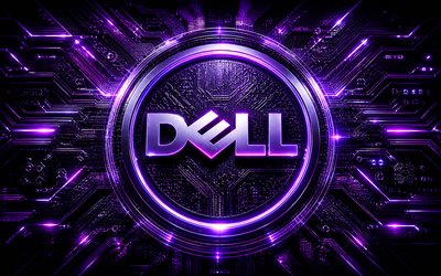 Dell 3D logo, 4k, purple futuristic background, purple neon rays, electronics brands, Dell metal logo, Dell purple logo, brands, Dell logo, Dell