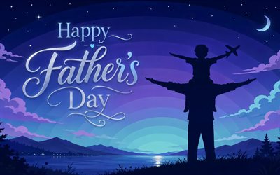 Happy Fathers Day, night, silhouettes, father and son, greeting card, Happy Fathers Day concepts, white background, calligraphic letters, Happy Fathers Day inscription